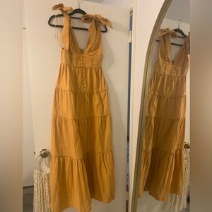 Luxxel Maxi Dress Sz M Mustard Yellow with center slit and adjustable tie straps